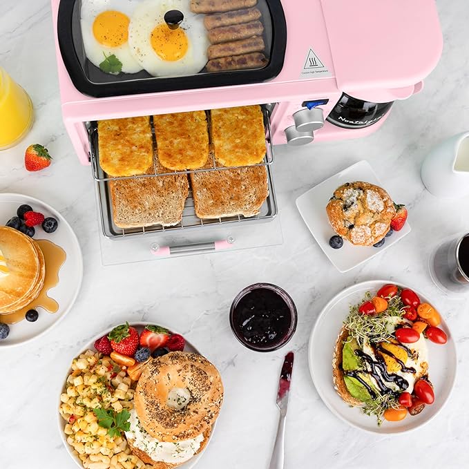 Nostalgia 3-in-1 Retro Breakfast Station - Includes 5 Cup Coffee Maker Non-Stick Ceramic Griddle and 4-Slice Toaster Oven - Built-In Timer Reusable Coffee Filter Space-Saving Design - Pink