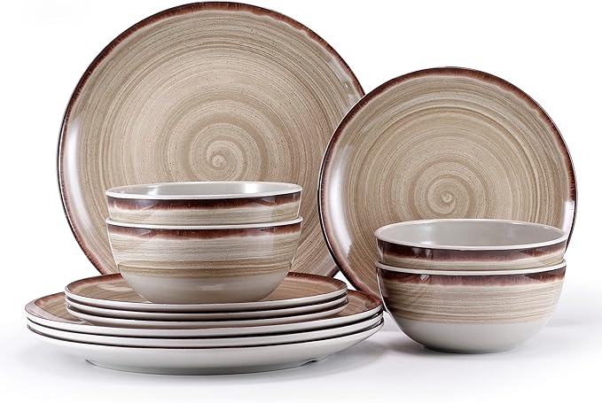 Melamine Dinnerware Sets Dinnerware Sets for 4 12Pcs Plates And Bowls Sets Lightweight and Unbreakable Dish Set for Camping PicnicRV Dishwasher SafeBPA Free（Brown）
