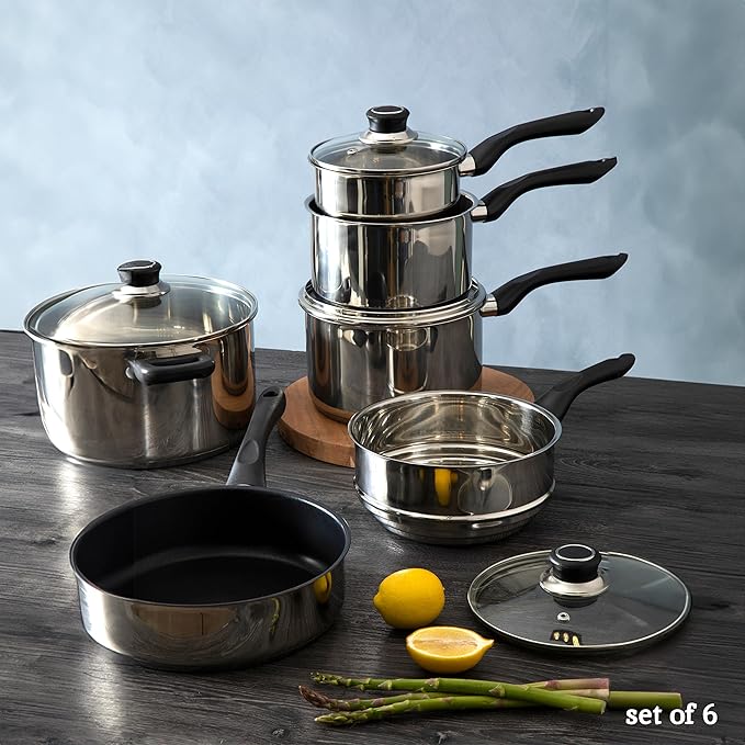 Premier Housewares 6 Piece Saucepan Set | Induction Hob Pan Set with Glass Lids | Stainless Steel Pans Set with Non Stick Saucepan | Cooking Pots Kitchen Set with Bakelite Handles