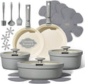 Carote 20pcs Ceramic Cookware Set with Detachable Handles Pots and Pans Set Non Stick RV Kitchen Cooking Pot and Pan Dishwasher Safe Non-toxic Induction Cookware PFAS and PFOA Free Grey