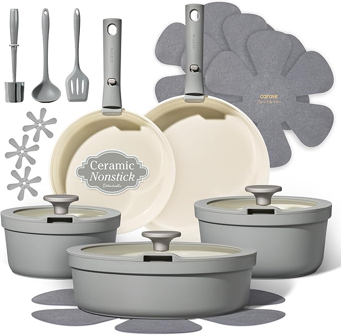 Carote 20pcs Ceramic Cookware Set with Detachable Handles Pots and Pans Set Non Stick RV Kitchen Cooking Pot and Pan Dishwasher Safe Non-toxic Induction Cookware PFAS and PFOA Free Grey