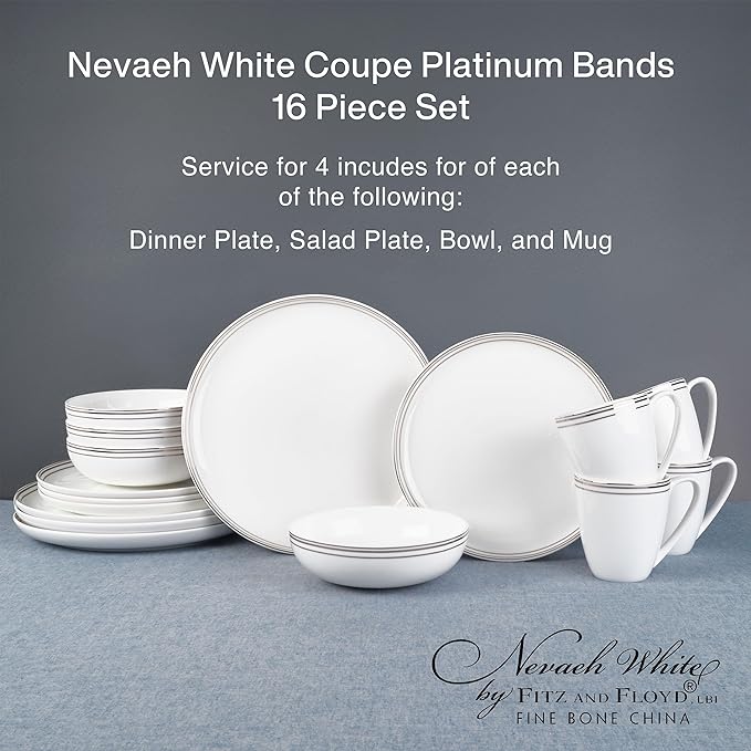 Everyday White by Fitz and Floyd Nevaeh Bone China Coupe Gold Bands Dinnerware Set Service for 4