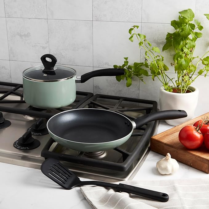 Basic Essentials 4-Piece Nonstick Aluminum Starter Cookware Set Fry Pan Skillet Saucepan Pot with Glass Lid and Nylon Spatula Turner Sage