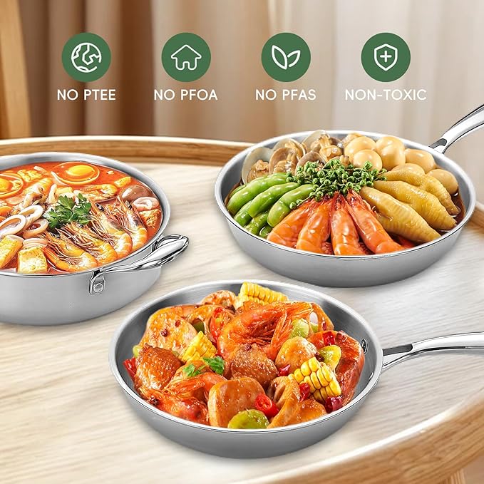 11-Piece Pots and Pans Set 18/10 Stainless Steel Cookware Set Induction Compatible PFOA-Free Coating Dishwasher Safe Includes Frying Pan &amp Sauce Pan with Lids