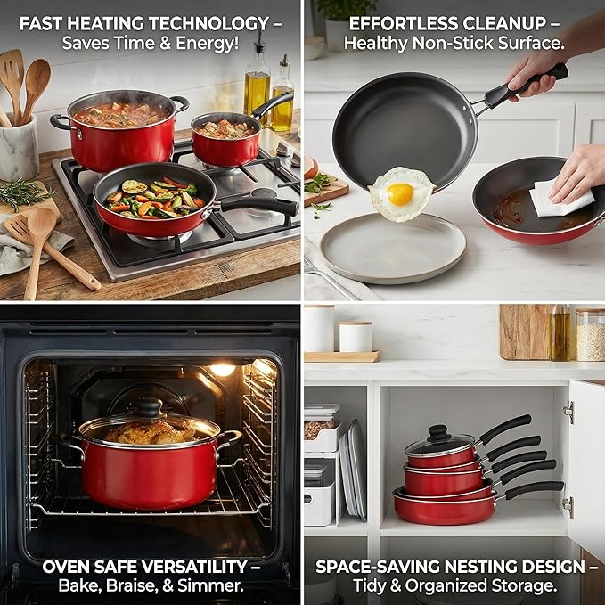 Cookware Set 9-Piece Non-stick Cookware Set Includes Frying Pan and Soup Pot Stackable Dishwasher and Oven Safe Suitable for Frying Making Sauces and Stir-frying (Red)