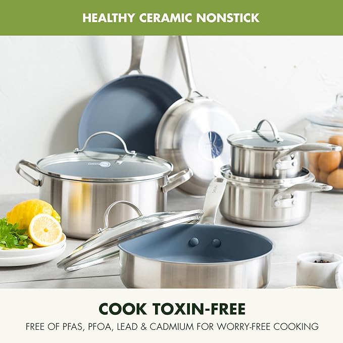 GreenPan Treviso 10 Piece Cookware Set Non-Toxic PFAS-Free Stainless Steel Ceramic Nonstick Coating Induction Suitable Pots Pans Lids Sauté &amp Saucepans Multi Clad Dishwasher &amp Oven Safe