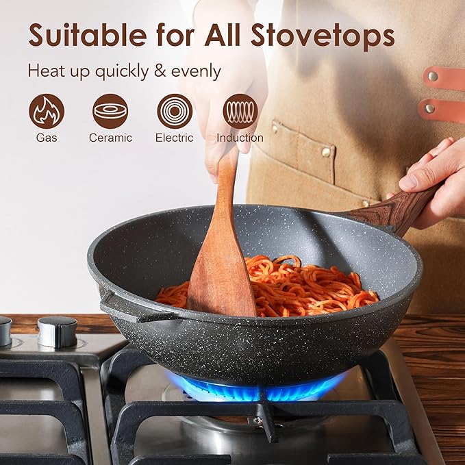SENSARTE 14 Piece Nonstick Cookware Set includes 4.5 Quart Nonstick Wok Pan with Lid