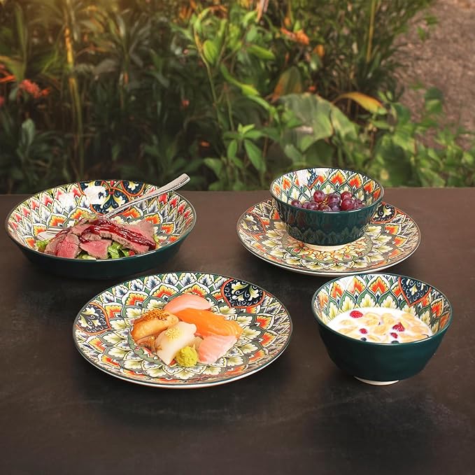 YA JU Mandala Dinnerware Sets (12 Pcs) Serves 4 Buffet Dinnerware Boho Plates and Bowls Dish Set with 8 salad Plate 8 Dessert Plate 4.8 bowl apply Casual dining Indoor Outdoor Dining Party