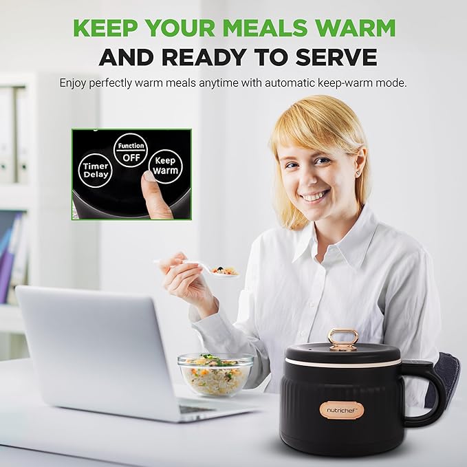 NutriChef 1.6 QT Portable Electric Rice Cooker &amp Lunch Maker | Multi-Functional &amp Non-Stick Ceramic Coating | Digital Control Panel | 6 Cook Functions: Rice Soup Stew Porridge &amp More |