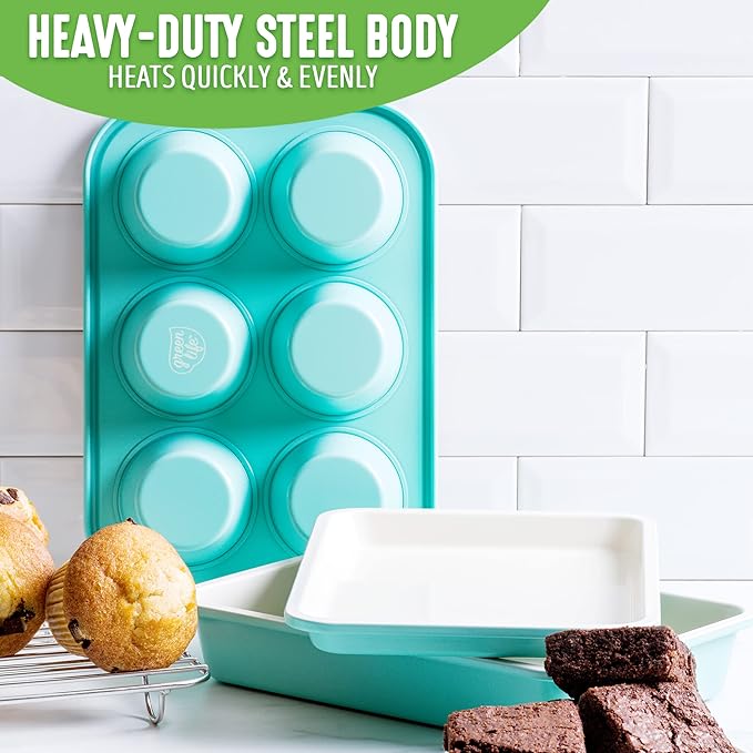 GreenLife Bakeware Healthy Ceramic Nonstick 4 Piece Toaster Oven Baking Set with Cookie Sheet Muffin and Cake Pan PFAS-Free Turquoise