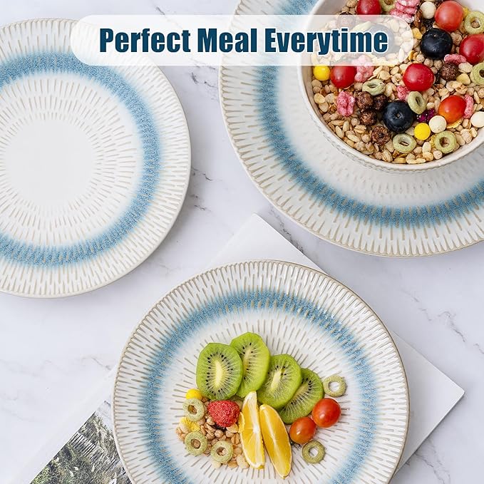 12 Pieces Ceramic Dinnerware Sets Handmade Reactive Glaze Plates and Bowls Sets Stoneware Set Dishwasher &amp Microwave Safe Dishes set Blue Relievo