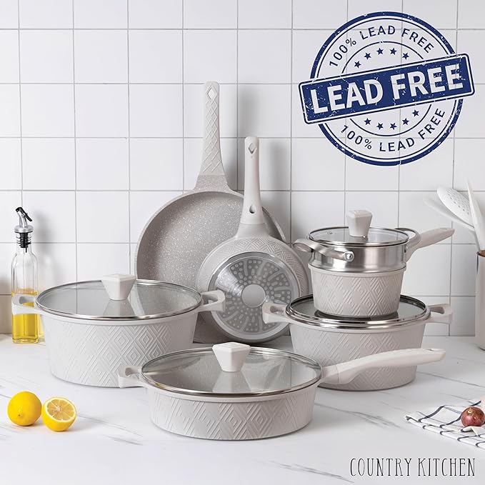 Country Kitchen Non-Stick Cast Aluminum Cookware Set - Durable Kitchen Cookware for Everyday Cooking Cream Rhombus 11 Pc.