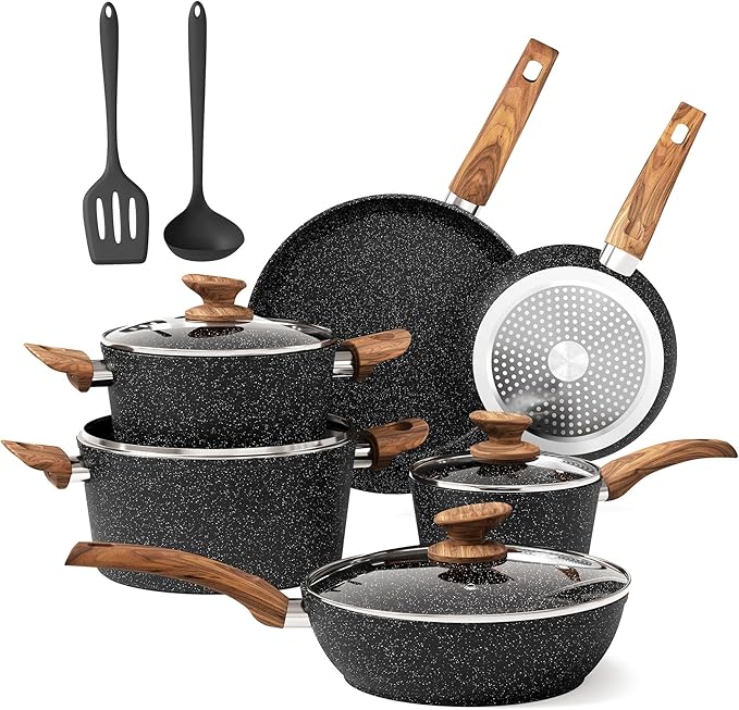DishDelight Induction Pots and Pans Set Non Stick 12 Piece Nonstick Kitchen Cookware Sets Nonstick Granite Cooking Set Induction Pots and Pans Induction Cookware Sets with Frying Pans Black
