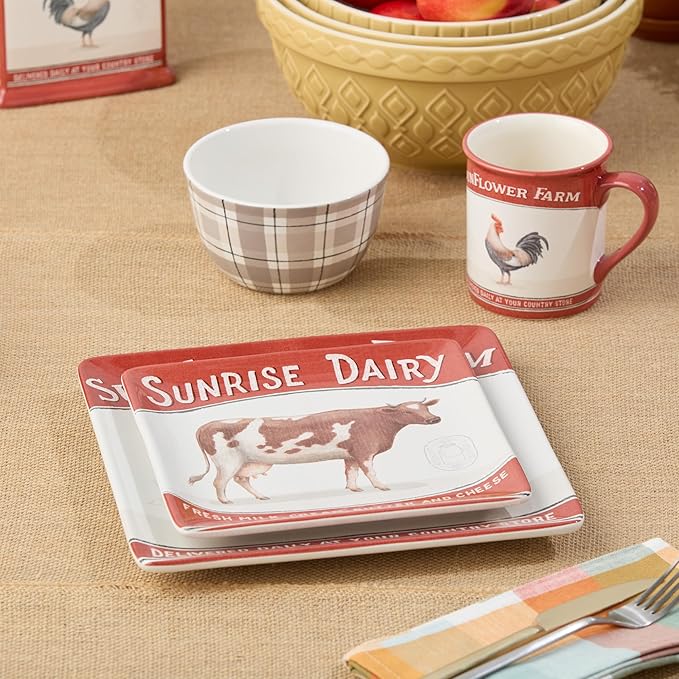 Vintage Farm 16-Piece Dinnerware Set Includes 10.5-Inch Dinner Plates 8.5-Inch Salad Plates 16-Oz Mugs &amp 5.25-Inch Bowls Farm Animal Design with Red Accents Rustic &amp Dishwasher Safe