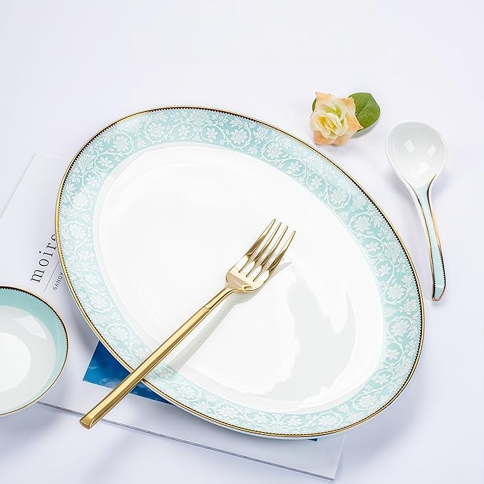 Fine Bone China Dinnerware SetPorcelain&ampCeramic Dinnerware SetsBone Stoneware &amp Ceramic Cookware Tableware Set Includes Dinner Plates|Spoons|Pasta Bowls|Soup Pot|Chopsticks (26PCS * 6-Person