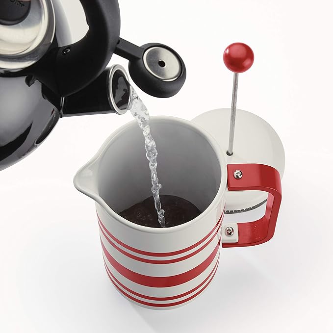 BonJour 47040 Hot Beverage Ceramic French Press Coffee Maker with Flavor Lock Filter and Bamboo Handle - 32 Ounce Red Stripes