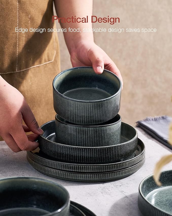 Famiware Star Dinnerware Set with Plates and Bowls Service for 4 (16-Piece) Stoneware Kitchen Dishes Dinner Sets - Deep Forest