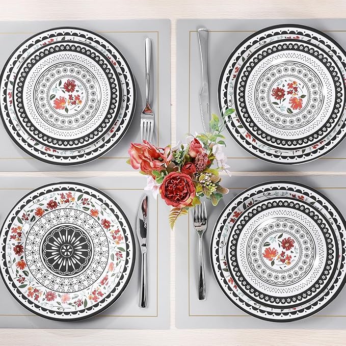 12-Piece Melamine Dinnerware Sets Unbreakable Dinner Dishes Set for Indoor and Outdoor Use Dishwasher Safe Lightweight Dinner Service for 4 Black and White
