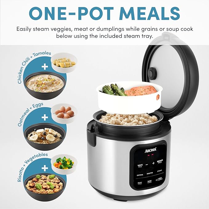 AROMA Digital Rice Cooker 4-Cup (Uncooked) / 8-Cup (Cooked) Steamer Multicooker Slow Cooker Oatmeal Cooker Auto Keep Warm 2 Qt Stainless Steel Exterior