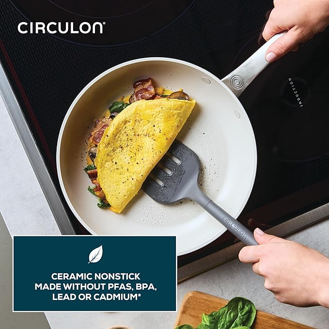 Circulon Halo with LaserDefense Ceramic Nonstick 2-Piece Skillet Set/Frying Pans Made without PFAS Compatible with All Stovetops Dishwasher and Oven Safe 8 Inch and 10 Inch Fry Pans - Pearl White