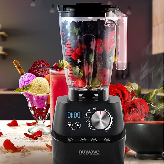 NuWave Moxie Commercial Blender Vacuum Smoothie Blender with 2.5HP Motor Professional Grade Self-Cleaning - 6 presets &amp 10 Speed Settings for Shakes Smoothies Nut Butters Crushed IceBlack
