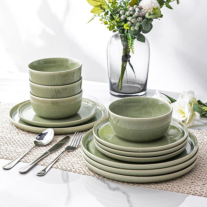AmorArc Stoneware Dinnerware Sets &amp Pasta Bowls for 4Reactive Glaze Ceramic Plates and Bowls SetHighly Chip and Crack Resistant | Dishwasher &amp Microwave Safe Dishes SetService for 4 (16pc)