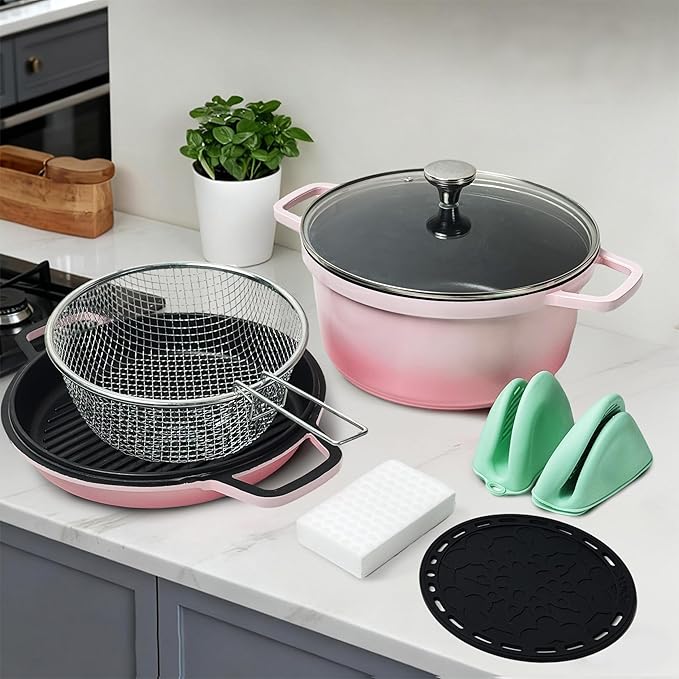 8-Piece Gradient Enamel Cookware Set Multi-Function Kitchen Collection with Soup Pot Steak Pan for Home RV Cooking (Pink Gradient 8-Piece Set)