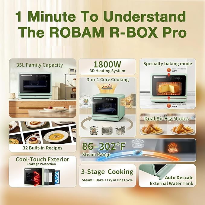 ROBAM Toaster Air Fryer Oven Combo Countertop Convection Cooker with Bake &amp Fry 1.2 Cu.Ft Large Capacity Combi Steam Oven 32 Preset Recipes Smart Touch Precise Temp Control Multi-Stage (Green