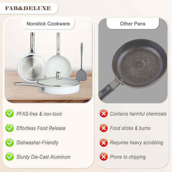 FAB&ampDELUXE 5Pcs Nonstick Cookware Set Aluminum Nonstick Pots and Pans with Glass Lids All Stovetops Compatible Non-toxic Healthy Kitchen Cooking Sets PFAS and PFOA Free