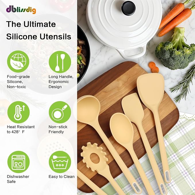 Silicone Kitchen Cooking Utensils Set of 6 Non-Stick Food Grade Silicone Cooking Utensils Set Heat Resistant Non-Toxic Ergonomic Designed Dishwasher Safe Kitchen Utensils for Nonstick Cookware