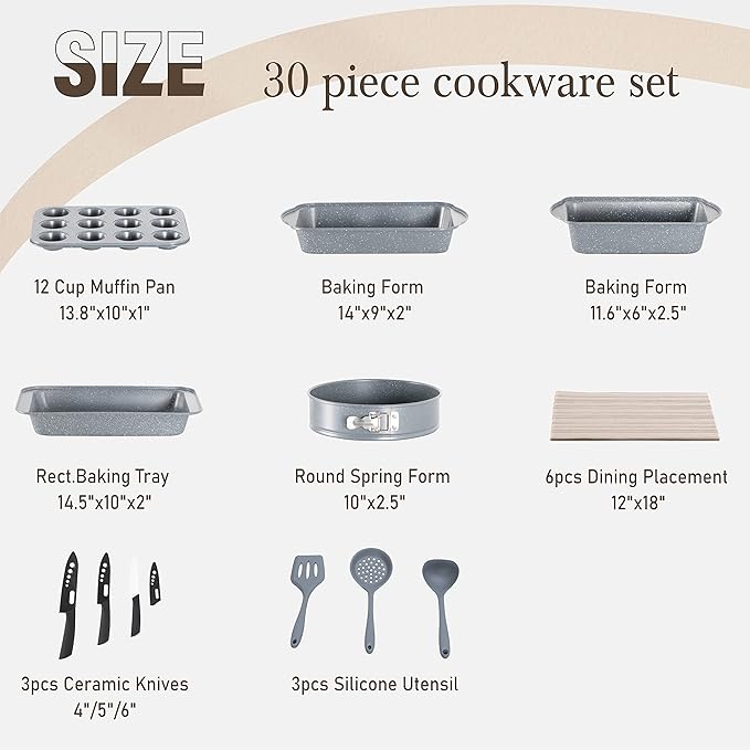 Kitchen Academy Induction Cookware &amp Bakeware Set - 30 Piece Grey Granite Cooking Pans Set Non Toxic Pots and Pans Set Non Stick