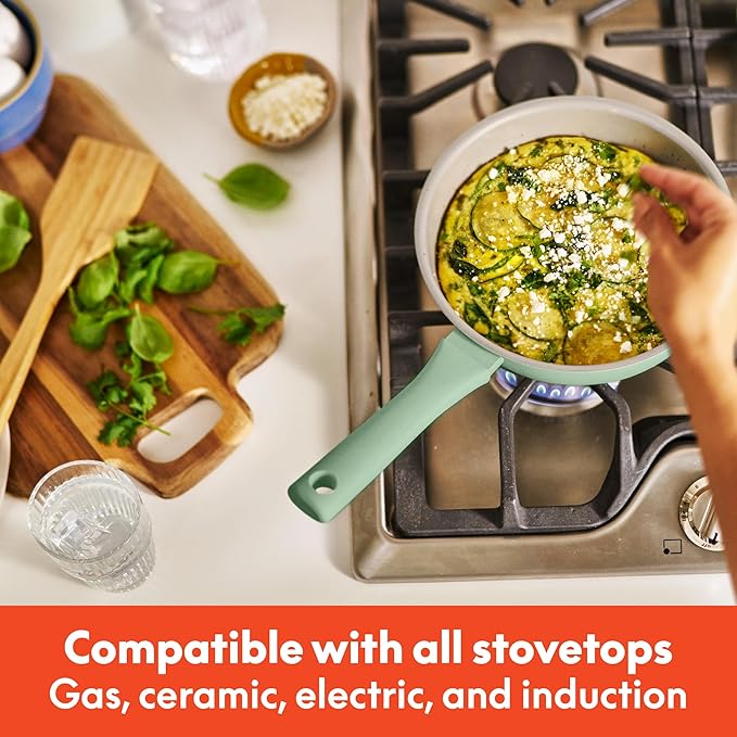 bella 7 Piece Cookware Set with EverGood™ Ceramic Nonstick Coating Dishwasher Safe Oven Safe All Stovetops Compatible Glass Lids with Silicone Rims Cool Touch Handles Seaglass