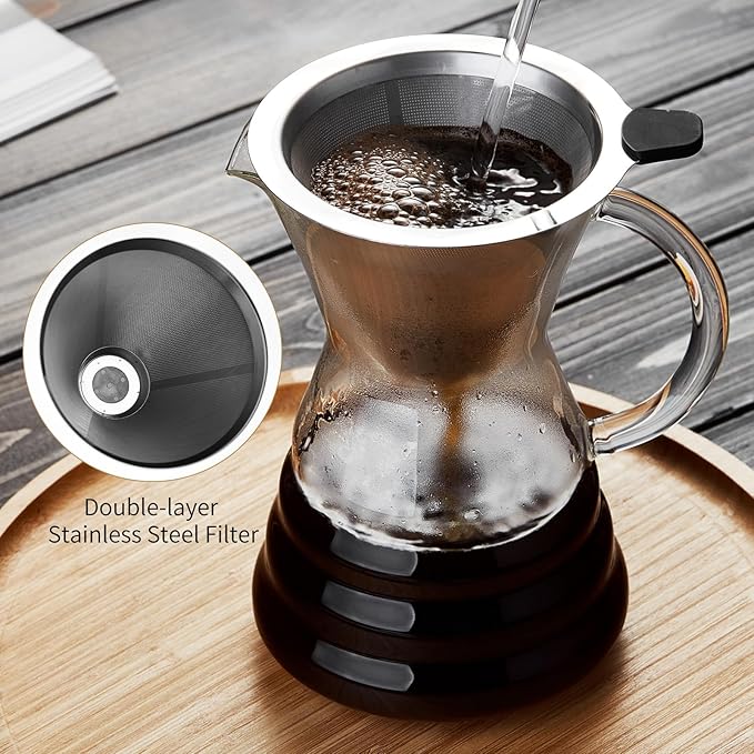 Unbreakable - Pour Over Coffee Maker with Permanent Stainless Filter 40 fl oz Thickened Heat-Resistant Borosilicate Glass Dripper Coffee Brewer Stovetop Safe