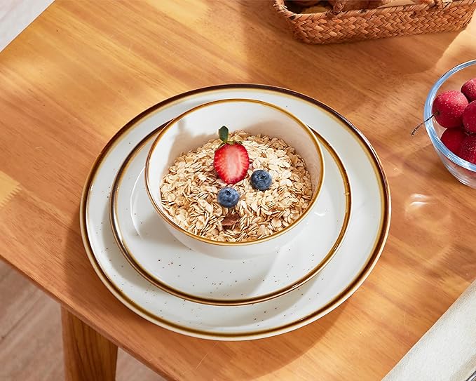 ONEMORE Plates and Bowls Set - Microwavable Oven &amp Dishwasher Safe Porcelain Dinnerware Set - Scratch Resistant Ceramic Dish Set for 4(12pcs)