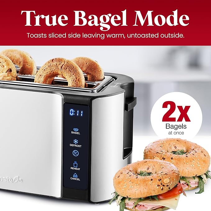Elite Gourmet ECT5322 Long Slot 4 Slice Toaster Countdown Timer Bagel Function 6 Toast Setting Defrost Cancel Function Built-in Warming Rack Extra Wide Slots for Bagels Waffles Stainless Steel