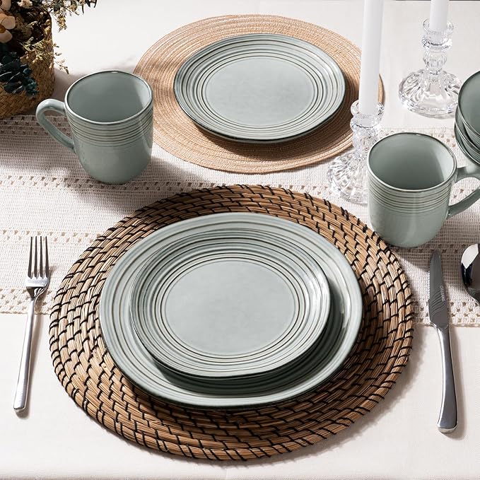 Famiware Plates and Bowls Sets 24-Piece Stoneware Dinnerware Sets Dishes Set for 8 Hand-made Reactive Glaze Dish Set Twilight Series Ashy Blue