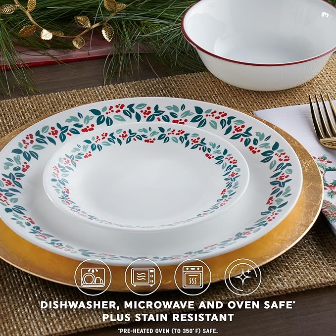 Corelle Vitrelle 18-Piece Christmas Service for 6 Dinnerware Set Triple Layer Glass and Chip Resistant Lightweight Round Holiday Plates and Bowls Set Winter Berries