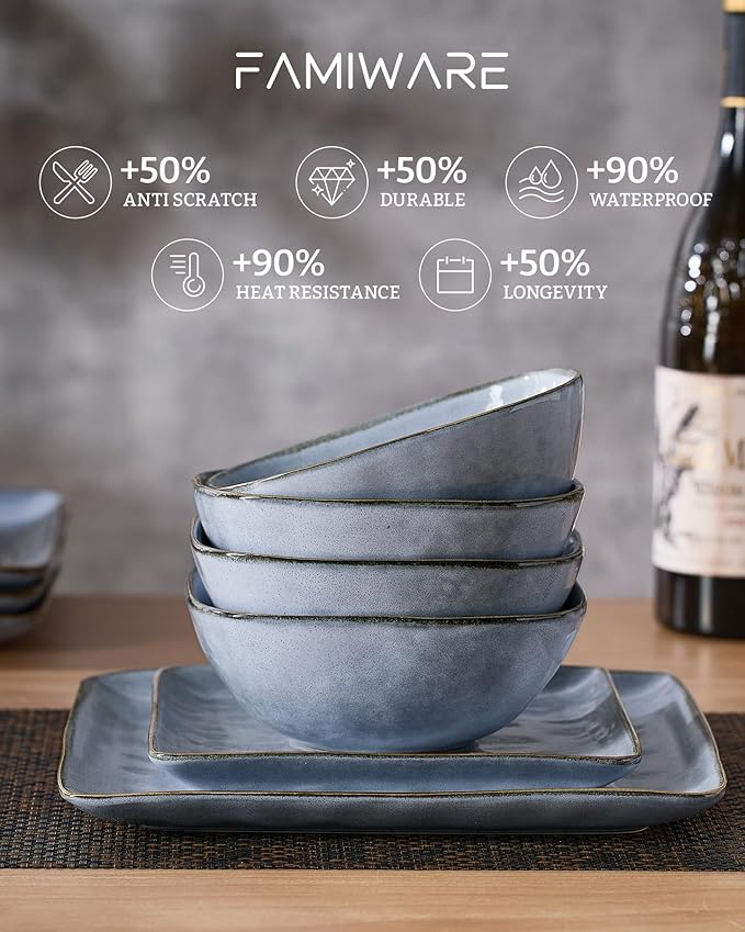 Famiware Dinnerware Sets for 4 Ocean Square 12-Piece Kitchen Plates and Bowls Sets Reactive Glaze Microwave and Dishwasher Safe Scratch Resistant Blue