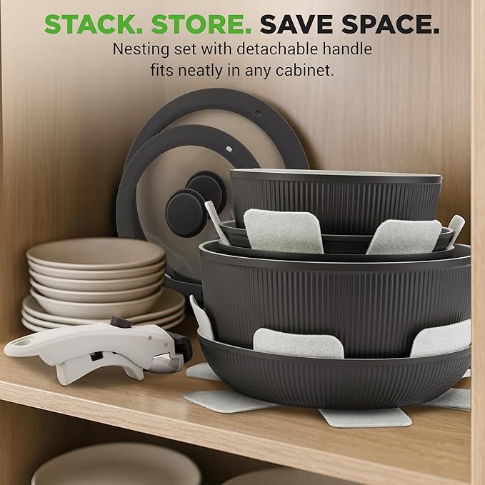 NutriChef 18-Piece Ceramic Cookware Set with Detachable Handles Non Stick Pots and Pans PTFE-Free Natural Ceramic Coating Space-Saving Design Oven &amp Stove Safe Includes Utensils Blue