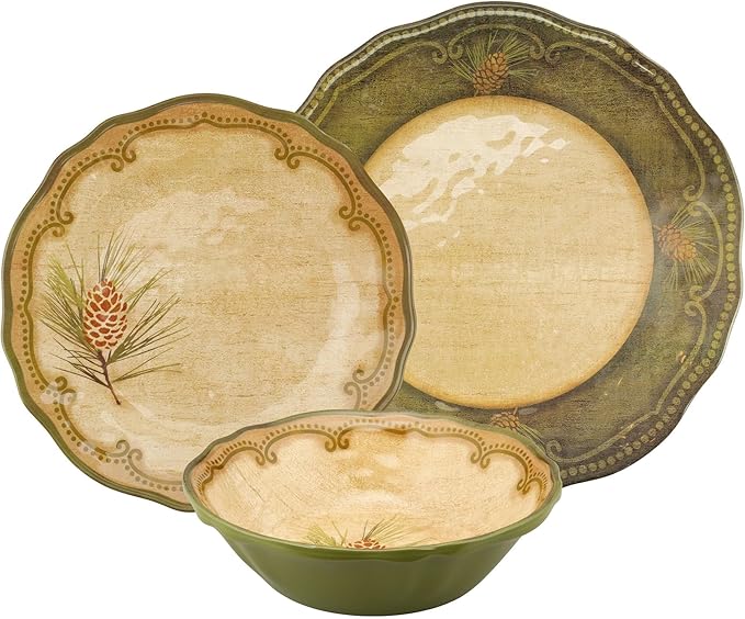 UPware 12 Piece Woodland Pinecone Melamine Dinnerware Sets Outdoor Dishes Set Plates and Bowls Sets Service for 4 Dark Green