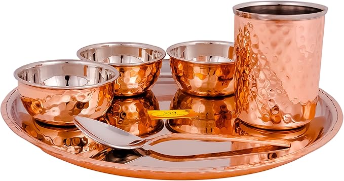 Shiv Shakti Arts® Stainless Steel Copper Dinner Thali Set 6 Pieces - Luxury Hammer Design Anarkali Dinner Set