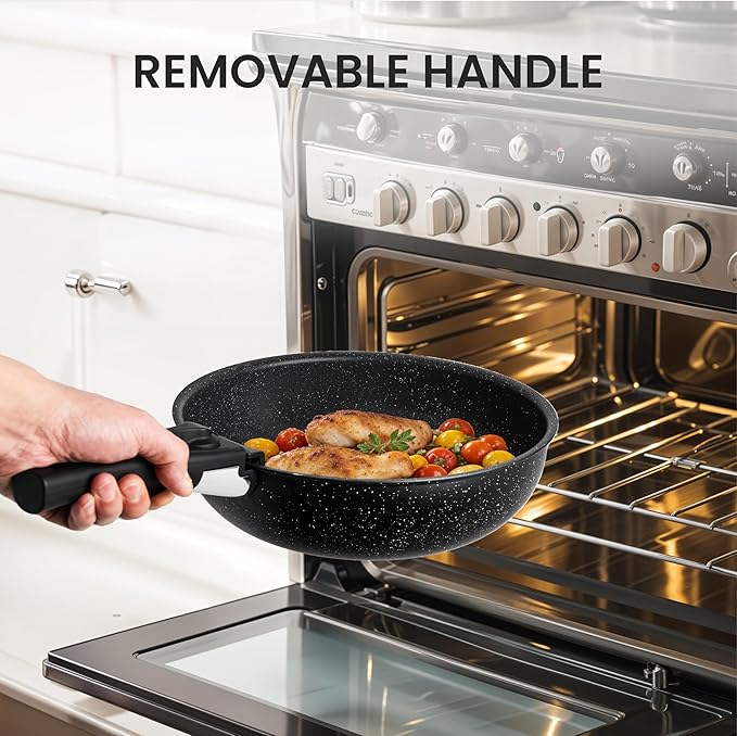 HealSmart 12 Pcs Pots and Pans Set Non-Stick Cookware Set with Detachable Handles Black Granite Texture Resistant to High Temperatures Oven Safe PFAS and PFOA Free