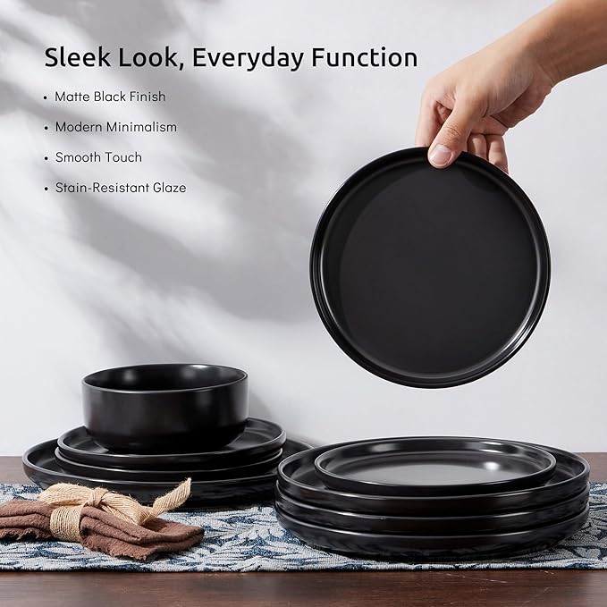 E-far Stoneware Dinnerware Sets for 6 18-Piece Plates and Bowls Set Modern Ceramic Dishes Dinning Ware Microwave &amp Dishwasher Safe - Matte Black