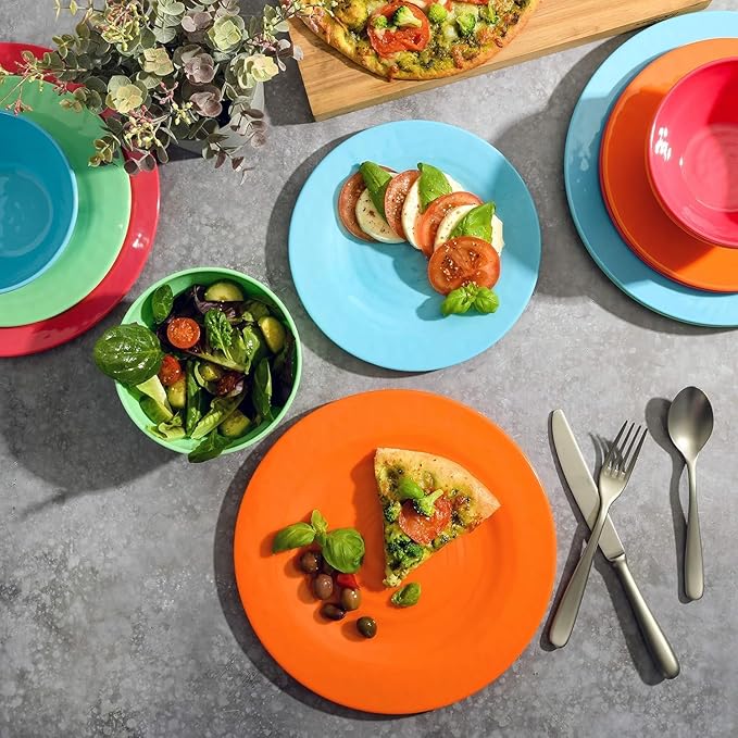 Vibrant 12-Piece Melamine Dinnerware Set – Colorful &amp Durable Plates and Bowls for Indoor &amp Outdoor Dining