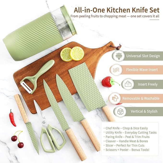 Knife Set 7-Piece Kitchen Knife Set with Sharp Chef and Meat Knives Anti-Rust Utility Knives Set for Kitchen Kitchen Knife Block Set （Green）