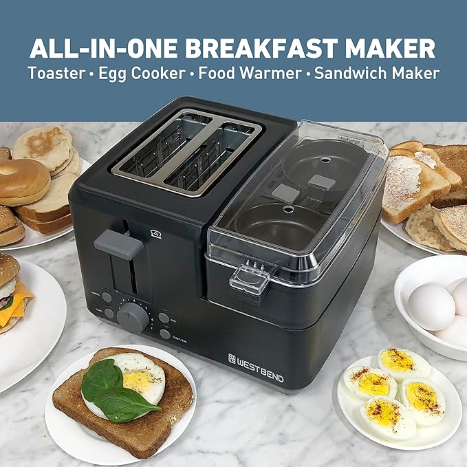 West Bend Breakfast Station 2-Slice Toaster and Egg Cooker/Poacher with Removable Pre-Cooked Meat and Vegetable Warming Tray for Perfect Breakfast Sandwiches 1200-Watts Black