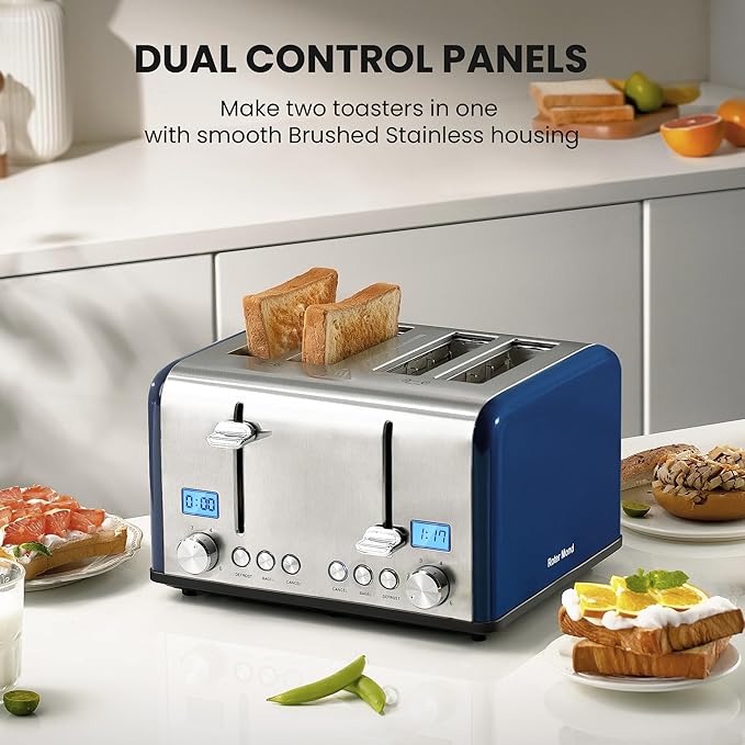 Roter Mond Countdown Stainless Steel 4 Slice Toaster with Bagel Defrost Cancel Function Dual Toaster Extra Wide Slots 6 Shade Settings Removable Crumb Trays 1650W Blue