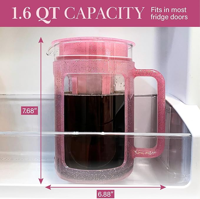 Paris Hilton Cold Brew Coffee Maker Durable 1.6 Quart Borosilicate Glass Carafe with Stainless Steel Filter Glitter Pink 38 oz