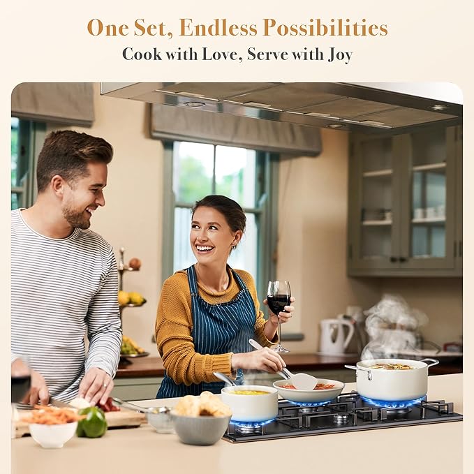 PekGema Ceramic Pots and Pans Set 16 Pcs Cookware Set Non Toxic Nonstick Kitchen Cookware Oven Safe Cooking Pan Set PFAS PTFE PFOA FREECompatible with All Cooktops comfortable handle.Cream White