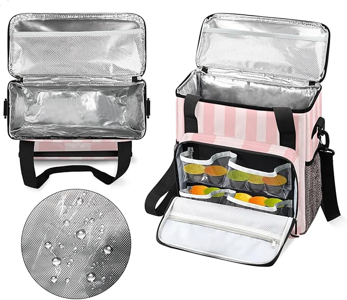 Pink Stripes Travel Coffee Maker Carrying Bag Large Organizer Storage Tote Bag Insulated Reusable Cooler Grocery Bags